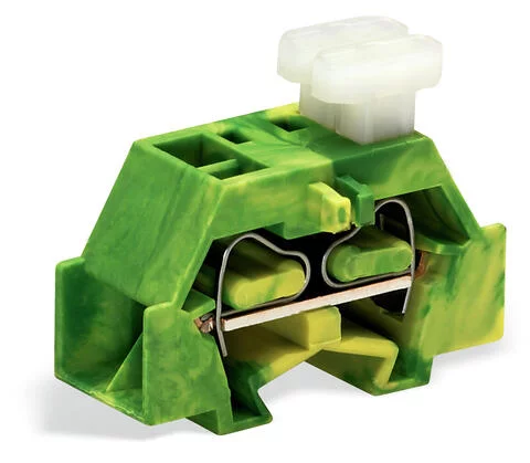 261-357/332-000 - Space-saving, 4-conductor end terminal block; on one side with push-buttons; without protruding snap-in mounting foot; 1-pole; for terminal strips with snap-in mounting feet; 2.5 mm²; CAGE CLAMP®; 2,50 mm²; green-yellow