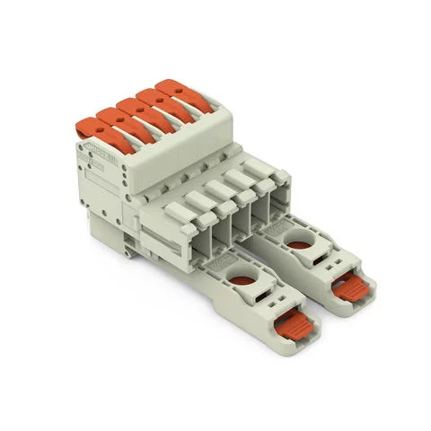 831-1205/306-000 - 1-conductor male connector; lever; Push-in CAGE CLAMP®; 10 mm²; Pin spacing 7.62 mm; 5-pole; 100% protected against mismating; DIN-35 rail/panel mounting; 10,00 mm²; light gray