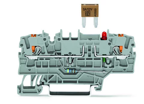 2202-1981/1000-429 - TOPJOB®S fuse terminal block with Push-buttons; rail mount; for mini-automotive blade-style fuses; 2-conductor; 5.2 mm wide; 12 V, anode right; gray