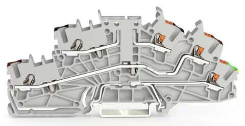 2203-6543 - Multilevel installation terminal block; with operating slots and push-button; 2.5 mm²; Carrier terminal block without knife; P2/P1/PE; black upper deck; brown middle deck; green-yellow lower deck; Push-in CAGE CLAMP®; 2,50 mm²; gray