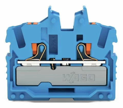 2252-304 - 2-conductor miniature through terminal block; with push-button; 2.5 mm²; with test port; side and center marking; End terminal block with mounting flange; Push-in CAGE CLAMP®; 2,50 mm²; blue