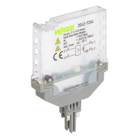 2042-7204 - Solid-state relay module; Nominal input voltage: 24 VDC; Output voltage range: 3 … 60 VDC; Limiting continuous current: 0.1 A; 2-wire connection; Railway; Frequency: 10 kHz; Green status indicator; Module width: 10 mm
