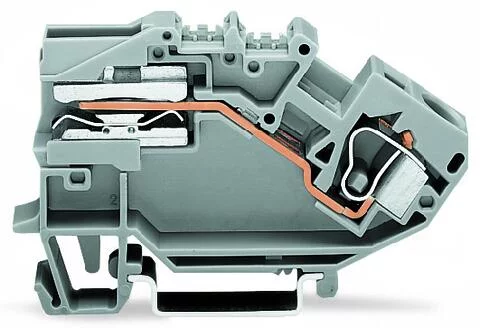 784-623 - Power distribution disconnect terminal block; angled; rail mount; 1-conductor; 10 mm wide; gray
