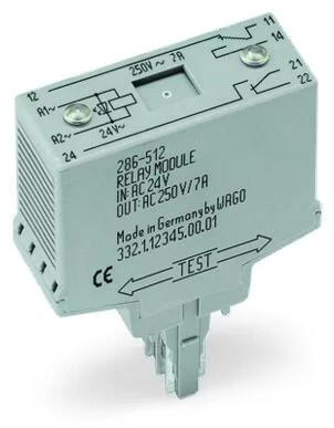 286-312 - Relay module; Nominal input voltage: 24 VDC; 2 changeover contacts; Limiting continuous current: 7 A; Red status indicator; Module width: 20 mm; gray