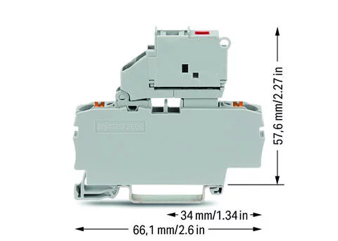 2202-1611/1000-542 - TOPJOB®S fuse terminal block with Push-buttons; with pivoting fuse holder for 5 x 20 mm miniature metric fuse; with LED blown fuse indication; rail mount; 2-conductor; 5.2 mm wide; gray; 30 - 65 V