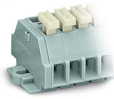 261-105/331-000 - 2-conductor terminal strip; on one side with push-buttons; with fixing flanges; 5-pole; for screw or similar mounting types; Fixing hole 3.2 mm Ø; 2.5 mm²; CAGE CLAMP®; 2,50 mm²; gray