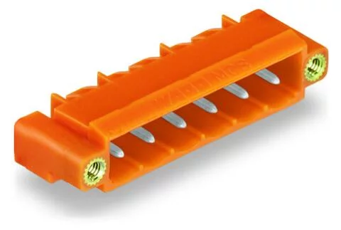231-564/108-000 - Male header; 4-pole; THT; 1.2 x 1.2 mm solder pin; angled; threaded flange; pin spacing 5.08 mm; orange