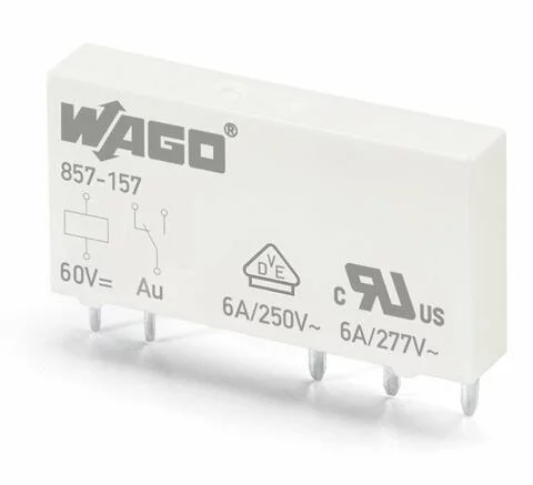 857-157 - Basic relay; Nominal input voltage: 60 VDC; 1 changeover contact; Limiting continuous current: 6 A; with gold contacts; Module width: 5 mm; Module height: 15 mm