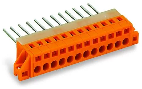 731-168/048-000 - Through-panel PCB terminal strip; wire-wrap pin 1 x 1 mm; 8-pole; pin spacing 5.08 mm / 0.2 in; for flush-mounting; orange