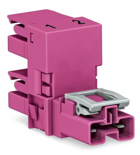 770-1753 - h-distribution connector; 2-pole; Cod. B; 1 input; 2 outputs; outputs on one side; 3 locking levers; for flying leads; pink