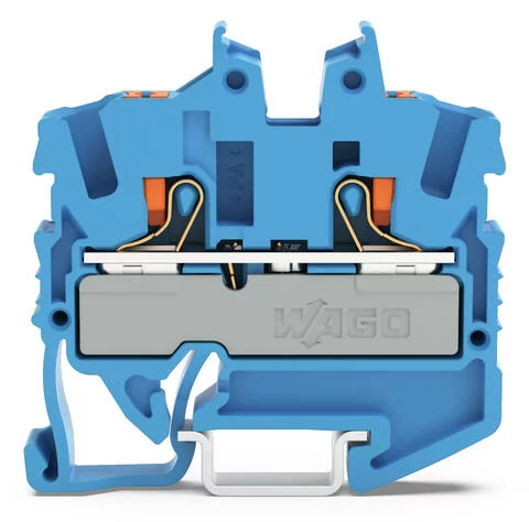 2252-1204 - 2-conductor miniature through terminal block; with push-button; 2.5 mm²; with test port; side and center marking; for DIN-15 rail; Push-in CAGE CLAMP®; 2,50 mm²; blue