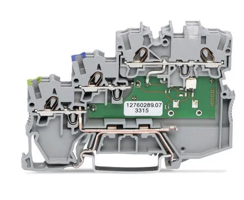 2000-5317/1102-950 - Actuator LED terminal block; yellow LED; for PNP (high side) switching actuators; with ground contact; 2-pole; rail mount; 3-conductor; 7 mm wide; gray