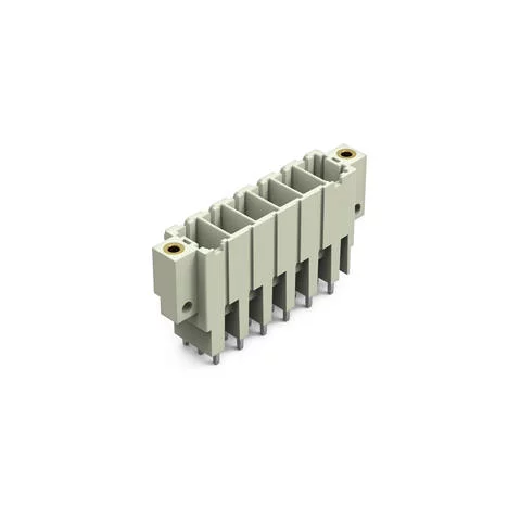 831-3606/108-000 - THT male header; 1.0 x 1.2 mm solder pin; straight; 100% protected against mismating; Threaded flange; Pin spacing 7.62 mm; 6-pole; light gray
