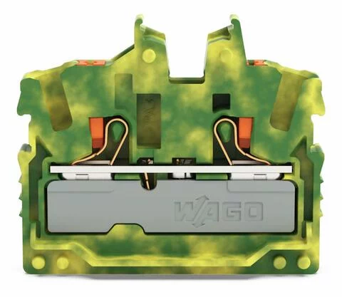 2252-327 - 2-conductor miniature through terminal block; with push-button; 2.5 mm²; with test port; side and center marking; Center terminal block without snap-in mounting foot, without mounting flange; Push-in CAGE CLAMP®; 2,50 mm²; green-yellow
