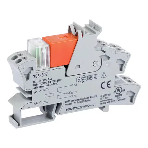 788-307 - Relay module; Nominal input voltage: 110 VDC; 1 changeover contact; Limiting continuous current: 16 A; Red status indicator; Module width: 15 mm; 2,50 mm²; gray