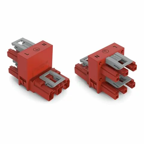 770-936 - h-distribution connector; 3-pole; Cod. P; 1 input; 2 outputs; outputs on one side; 3 locking levers; for flying leads; red