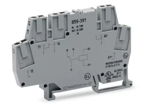 859-391 - Relay module; Nominal input voltage: 110 VDC; 1 changeover contact; Railway; Red status indicator; Module width: 6 mm; 2,50 mm²; gray