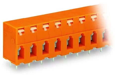 741-405 - Through-panel PCB terminal strip; 2 solder pins/pole; 5-pole; with integrated push-buttons; pin spacing 7.62 mm / 0.3 in; orange