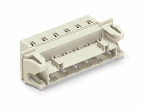 723-604/114-000 - 1-conductor male connector; CAGE CLAMP®; 2.5 mm²; Pin spacing 7.5 mm; 4-pole; 100% protected against mismating; Snap-in flange; 2,50 mm²; light gray