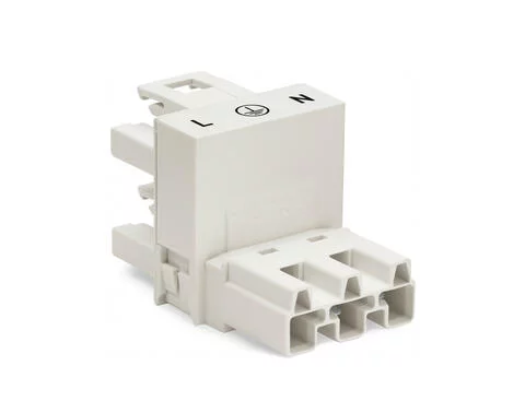 770-684 - h-distribution connector; 3-pole; Cod. A; 1 input; 2 outputs; outputs on one side; 2 locking levers; white