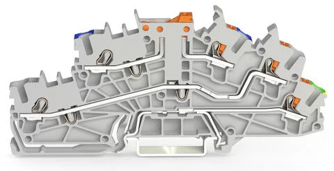 2203-6541 - Multilevel installation terminal block; with operating slots and push-button; 2.5 mm²; with pivoting knife disconnect; NTi/L/PE; green-yellow lower deck; Push-in CAGE CLAMP®; 2,50 mm²; gray