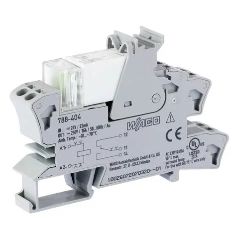 788-404 - Relay module; Nominal input voltage: 24 VDC; 1 changeover contact; Limiting continuous current: 16 A; with gold contacts; Red status indicator; Module width: 15 mm; 2,50 mm²; gray