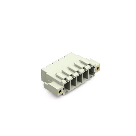 831-3625/108-000 - THT male header; 1.0 x 1.2 mm solder pin; angled; 100% protected against mismating; Threaded flange; Pin spacing 7.62 mm; 5-pole; light gray