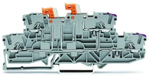 2002-2958 - Double-deck double-disconnect terminal block; 2 knife disconnects; internally commoned; rail mount; 2-conductor; 5.2 mm wide; gray