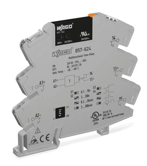 857-624 - Solid-state timer relay module; Nominal input voltage: 24 VDC; Output voltage range: 0 … 24 VDC; Limiting continuous current: 2 A; 2-wire connection; Multifunction/Multitime; Yellow status indicator; Module width: 6 mm