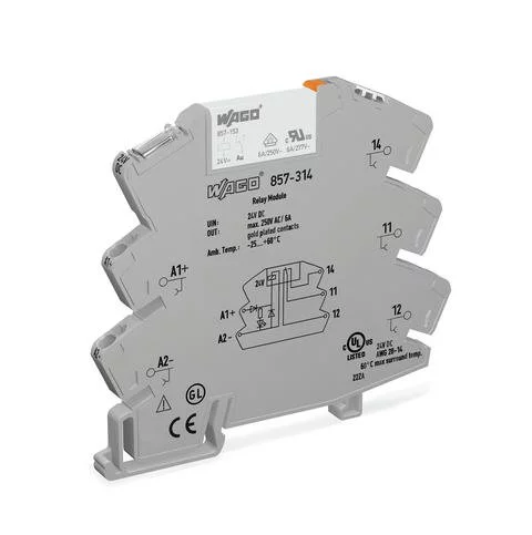 857-314 - Relay module; Nominal input voltage: 24 VDC; 1 changeover contact; Limiting continuous current: 6 A; with gold contacts; Yellow status indicator; Module width: 6 mm; 2,50 mm²; gray 857-314 - Relay module; Nominal input voltage: 24 VDC; 1 changeover contact; Limiting continuous current: 6 A; with gold contacts; Yellow status indicator; Module width: 6 mm; 2,50 mm²; gray