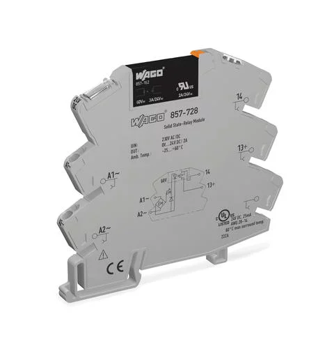 857-728 - Solid-state relay module; Nominal input voltage: 230 V AC/DC; Output voltage range: 0 … 30 VDC; Limiting continuous current: 3 A; 2-wire connection; Yellow status indicator; Module width: 6 mm; gray