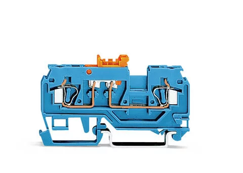 280-876 - 2-conductor disconnect/test terminal block; with pivoting knife disconnect; with test port; orange disconnect link; suitable for Ex i applications; for DIN-rail 35 x 15 and 35 x 7.5; 2.5 mm²; CAGE CLAMP®; 2,50 mm²; blue