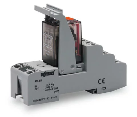 858-514 - Relay module; Nominal input voltage: 24 VAC; 4 changeover contacts; Limiting continuous current: 5 A; with gold contacts; with manual operation; Red status indicator; Module width: 31 mm 858-514 - Relay module; Nominal input voltage: 24 VAC; 4 changeover contacts; Limiting continuous current: 5 A; with gold contacts; with manual operation; Red status indicator; Module width: 31 mm
