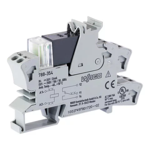788-354 - Relay module; Nominal input voltage: 24 VDC; 1 changeover contact; Limiting continuous current: 16 A; for lamp loads; Red status indicator; Module width: 15 mm; 2,50 mm²; gray