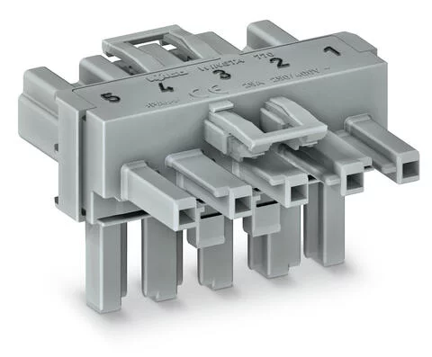 770-1641 - T-distribution connector; 5-pole; Cod. B; 1 input; 2 outputs; 2 locking levers; gray