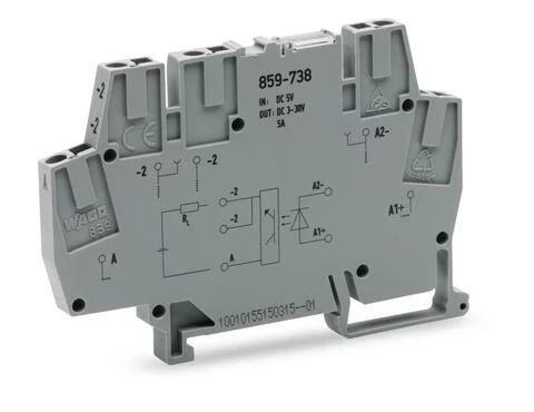 859-738 - Optocoupler module; Nominal input voltage: 5 VDC; Output voltage range: 3 … 30 VDC; Limiting continuous current: 5 A; 2-wire connection; Red status indicator; Module width: 6 mm; gray 859-738 - Optocoupler module; Nominal input voltage: 5 VDC; Output voltage range: 3 … 30 VDC; Limiting continuous current: 5 A; 2-wire connection; Red status indicator; Module width: 6 mm; gray
