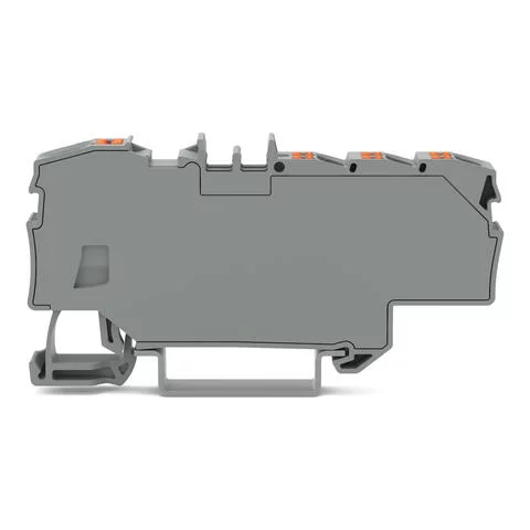 2206-8031 - Distribution terminal block; with push-button; 1 x 6 mm² / 6 x 1.5 mm²; with integrated end plate; suitable for Ex e II applications; side and center marking; for DIN-rail 35 x 15 and 35 x 7.5; Push-in CAGE CLAMP®; 6,00 mm²; gray
