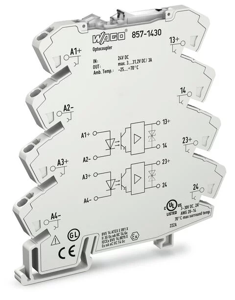 857-1430 - Optocoupler module; 2-port; Nominal input voltage: 24 VDC; Output voltage range: 3 … 31.2 VDC; Limiting continuous current: 3 A; 2-wire connection; Yellow status indicator; Module width: 6 mm; light gray