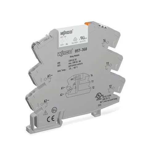 857-368 - Relay module; Nominal input voltage: 230 V AC/DC; 1 changeover contact; Limiting continuous current: 6 A; with gold contacts; Yellow status indicator; Module width: 6 mm; 2,50 mm²; gray 857-368 - Relay module; Nominal input voltage: 230 V AC/DC; 1 changeover contact; Limiting continuous current: 6 A; with gold contacts; Yellow status indicator; Module width: 6 mm; 2,50 mm²; gray