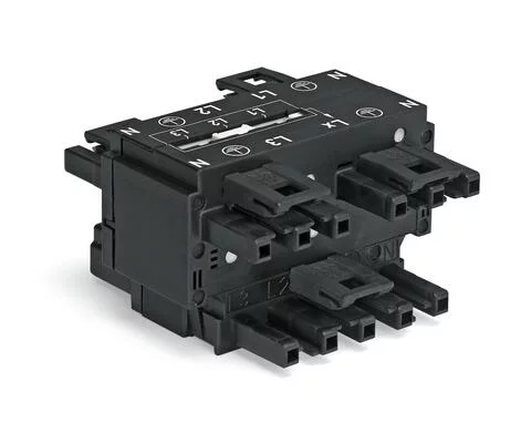 770-640 - Three-phase to single-phase distribution connector; with phase selection; 5-pole/3-pole; Cod. A; 1 input; 5 outputs; black 770-640 - Three-phase to single-phase distribution connector; with phase selection; 5-pole/3-pole; Cod. A; 1 input; 5 outputs; black