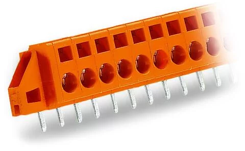 231-636/017-000 - Through-panel PCB terminal strip; angled solder pin 1x1.2 mm; 6-pole; with fixing flanges; pin spacing 5.08 mm / 0.2 in; orange