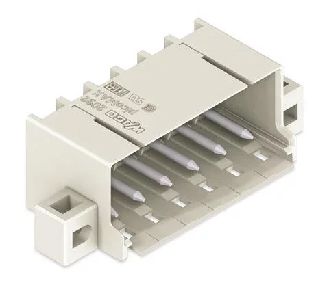 2092-1426/005-000 - THT male header; 1.4 mm Ø solder pin; angled; clamping collar; Pin spacing 5 mm; 6-pole; light gray