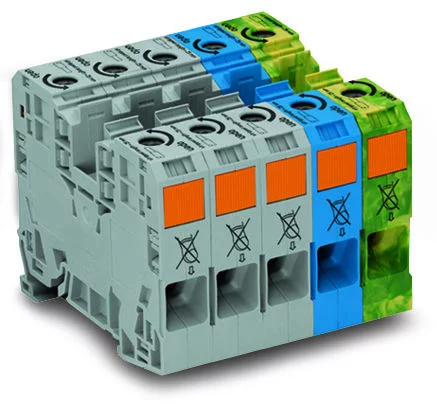 285-139 - POWER CAGE CLAMP feedthrough terminal block (Three Phase Set); DIN 35 x 15 rail mount; 2-conductor; 2 AWG; 80 mm wide (16 mm wide each); multicolored