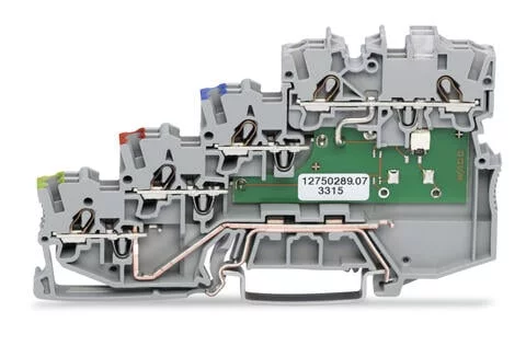 2000-5417/1102-950 - TOPJOB®S sensor LED terminal block; yellow LED; for PNP (high side) switching sensors; with ground contact; 2-pole; rail mount; 4-conductor; 7 mm wide; gray