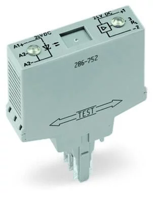286-752 - Optocoupler module; Nominal input voltage: 24 VDC; Output voltage range: 20 … 30 VDC; Limiting continuous current: 0.5 A; 3-wire connection/high-side switching; Frequency: 25 kHz; Red status indicator; Module width: 15 mm; gray
