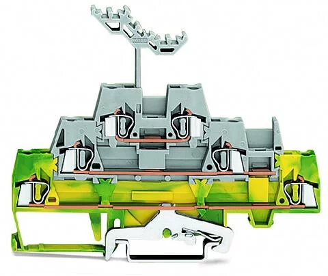 280-557 - Triple-deck terminal block; Shield/through/through terminal block; 2.5 mm²; with marker carrier; for DIN-rail 35 x 15 and 35 x 7.5; CAGE CLAMP®; 2,50 mm²; green-yellow/gray/gray