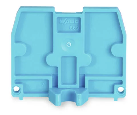 869-398 - End plate; with fixing flange M4; 2.5 mm thick; blue 869-398 - End plate; with fixing flange M4; 2.5 mm thick; blue