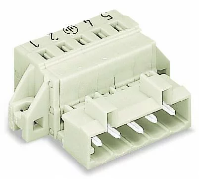 721-604/019-042 - 1-conductor male connector; CAGE CLAMP®; 2.5 mm²; Pin spacing 5 mm; 4-pole; Preceding ground contact; 100% protected against mismating; clamping collar; direct marking; 2,50 mm²; light gray