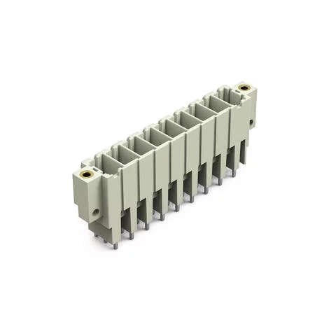 831-3609/108-000 - THT male header; 1.0 x 1.2 mm solder pin; straight; 100% protected against mismating; Threaded flange; Pin spacing 7.62 mm; 9-pole; light gray
