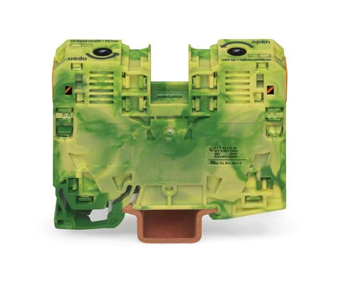 285-137/999-950 - POWER CAGE CLAMP ground terminal block; suitable for Ex e II applications; DIN 35 x 15 rail mount; 2-conductor; 2 AWG; 16 mm wide; green-yellow